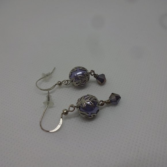 Stunning "LAVENDER PEARL & CRYSTAL" Handmade Silver Dangle Earrings #217 - Picture 1 of 3